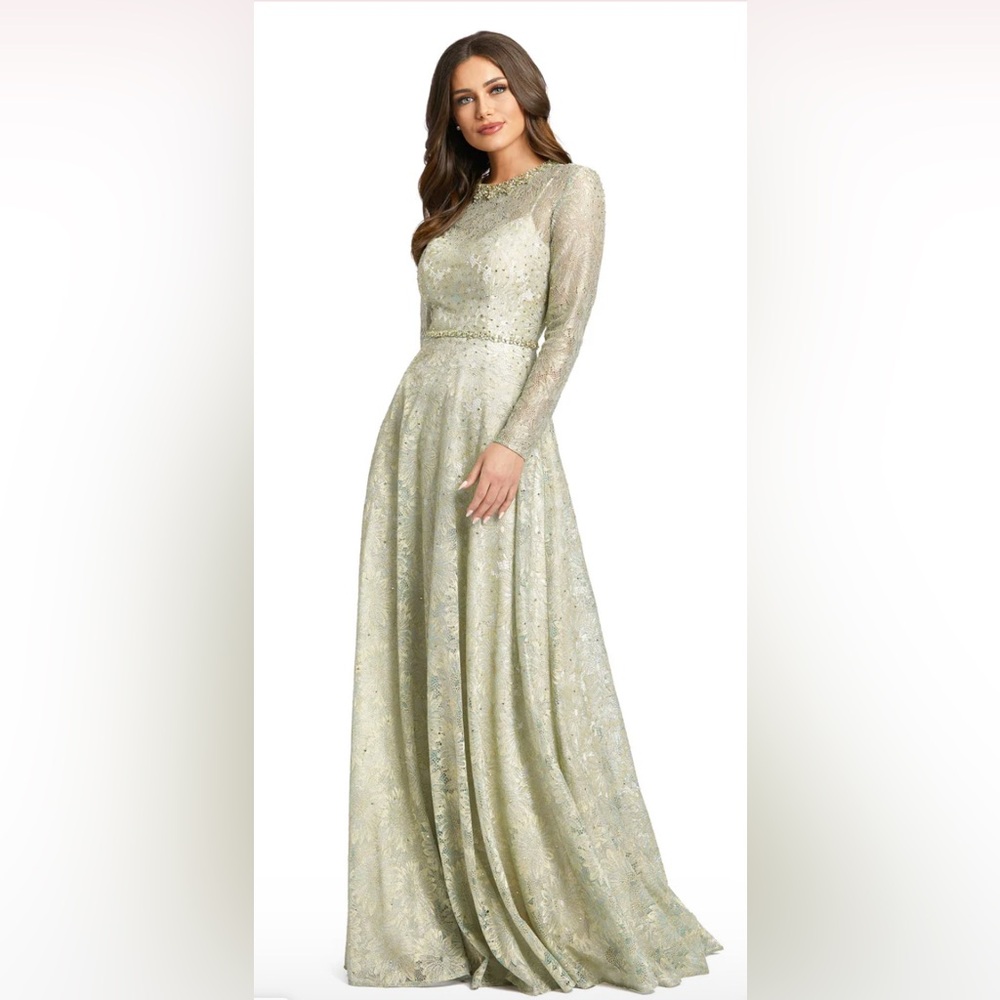 Mac Duggal Sage Green Embellished Long Sleeve Maxi Gown